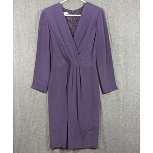 Vintage Maggy London 100% Silk Purple V-Neck Pleated Long Sleeve‎ Dress Size 6